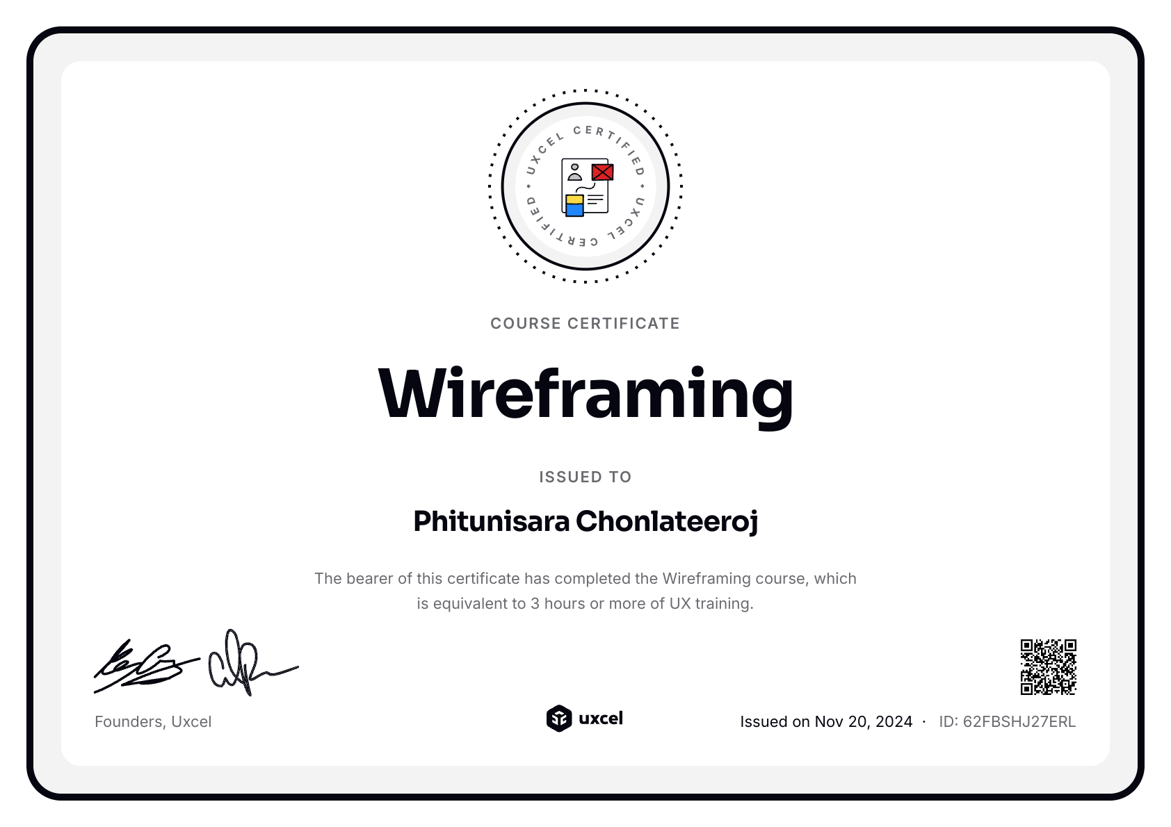 Phitunisara Chonlateeroj's certificate